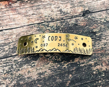 Load image into Gallery viewer, Nameplate for dog collar to rivet on, silent dog id tag for pet collar in brass, copper or nickel silver with phone number
