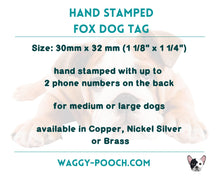 Load image into Gallery viewer, Fox head dog id tag with fox and trees, double-sided pet id tag with up to 2 phone numbers
