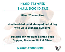 Load image into Gallery viewer, Small cute dog id tag with moon and star design, handstamped pet id tag with up to 2 phone numbers or microchipped
