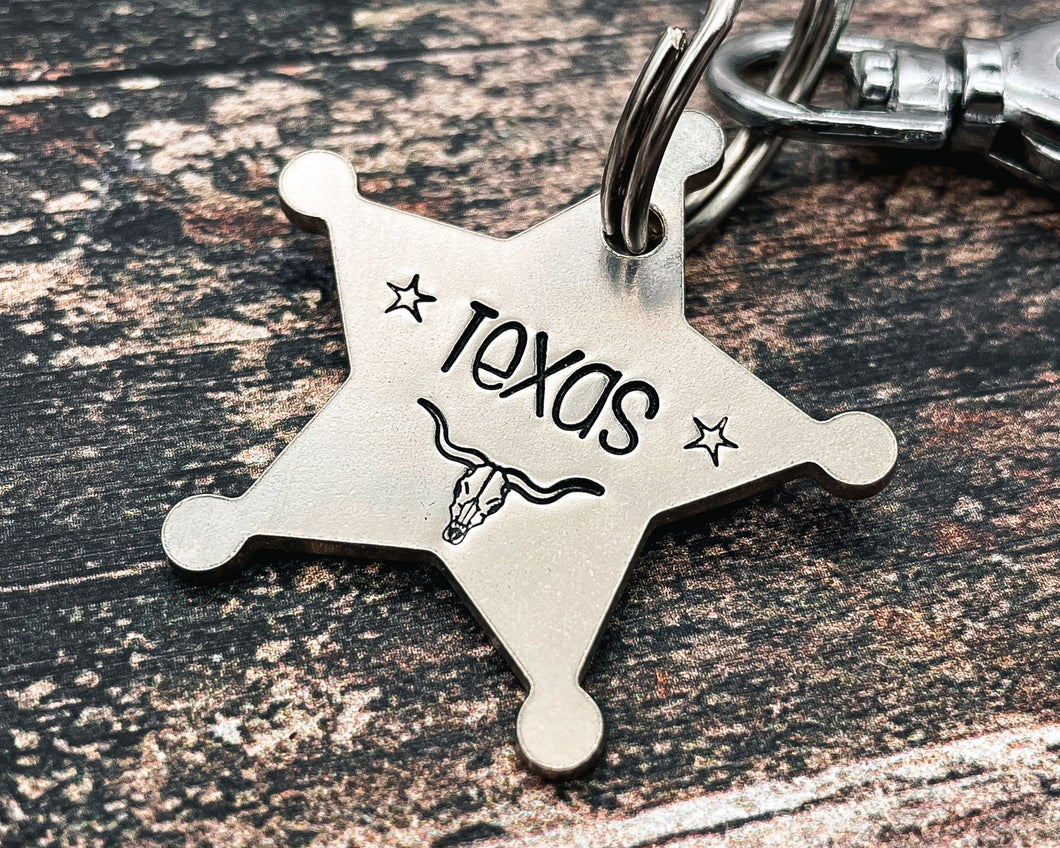 Sheriff Star dog tag, hand-stamped double-sided metal dog tag with longhorn