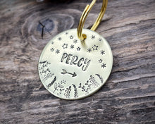 Load image into Gallery viewer, Dog id tag, hand stamped with leaves &amp; stars
