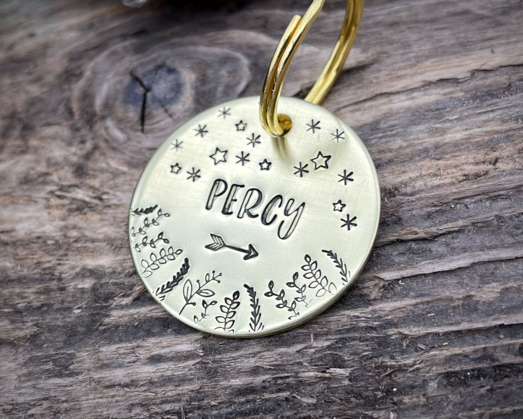 Dog id tag, hand stamped with leaves & stars