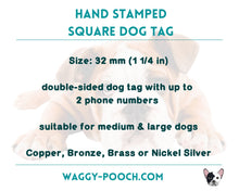 Load image into Gallery viewer, Square dog id tag, hand stamped metal dog tag with mountains and howling wolf
