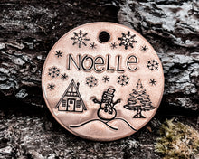 Load image into Gallery viewer, Christmas dog id tag, hand stamped with snowman and cabin
