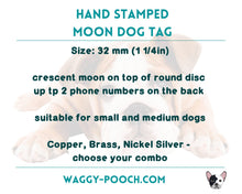 Load image into Gallery viewer, Moon dog tag with wolf and mountain design, with 2 phone numbers or address
