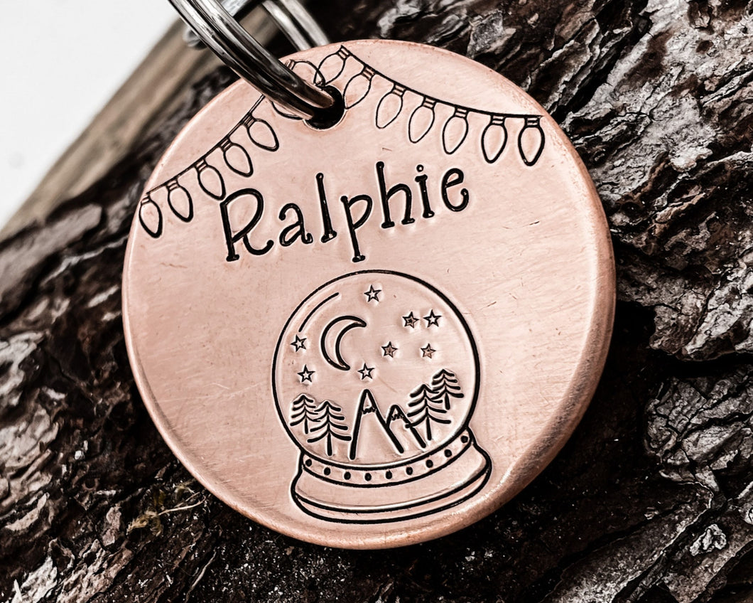 Christmas dog tag, hand stamped with snow globe