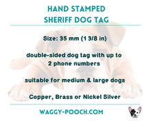 Load image into Gallery viewer, Sheriff star dog tag, hand-stamped double-sided metal dog tag with Highland cow
