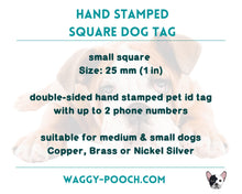 Load image into Gallery viewer, Square spooky dog id tag, cute small pet tag hand stamped with bats and skull
