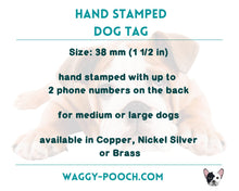 Load image into Gallery viewer, Large double-sided dog id tag, hand stamped with sheep, cow and farm design, 2 phone numbers/address/microchipped
