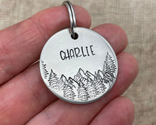 Load image into Gallery viewer, Dog name tag, hand stamped with mountains and trees
