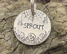 Load image into Gallery viewer, Spooky dog tag with cobwebs, spiders and pumpkins
