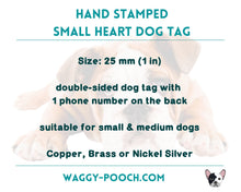 Load image into Gallery viewer, Small heart pet id tag, hand stamped dog tag with flower design
