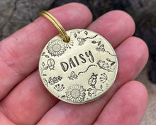 Load image into Gallery viewer, Flower dog tag, hand stamped pet id tag with cute flower and bee design
