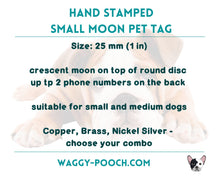 Load image into Gallery viewer, Small moon dog tag, crescent moon on top of round disc with mountains and star design, double-sided dog tag with 2 phone numbers
