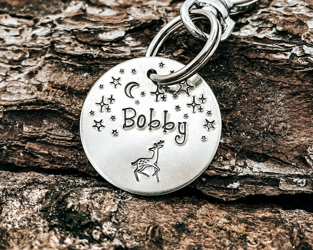 Winter dog id tag, hand stamped with reindeer and stars