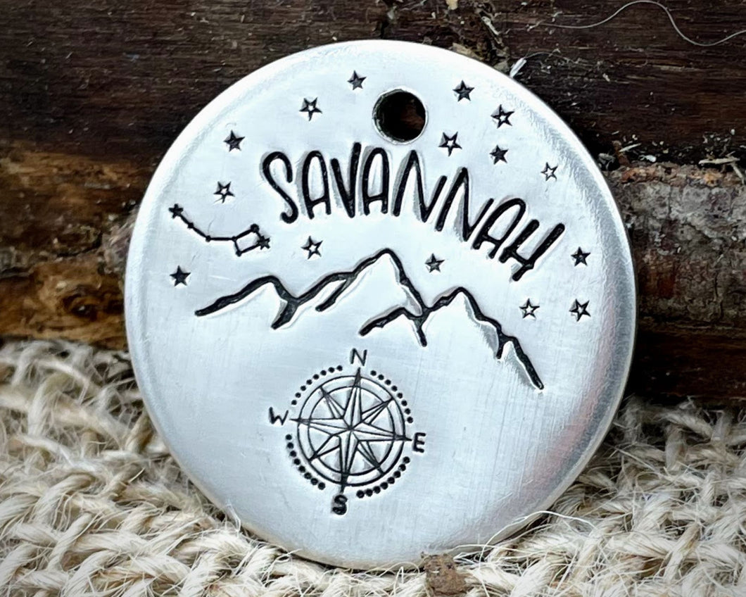 Dog id tag, hand stamped with compass, mountains & star design