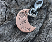 Load image into Gallery viewer, Moon dog tag, hand-stamped with howling wolf &amp; moon
