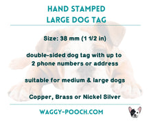 Load image into Gallery viewer, Large pet id tag, hand stamped with trees, mountains, moon &amp; stars
