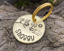 Load image into Gallery viewer, Small dog id tag, hand stamped with bunny and palm trees
