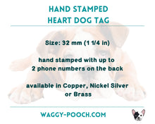 Load image into Gallery viewer, Heart pet id tag, hand stamped dog tag with magical fairy design
