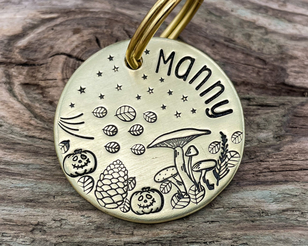 Hand stamped dog id tag with mushrooms and spooky pumpkins