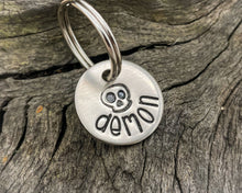 Load image into Gallery viewer, Skull cat name tag, hand stamped with skull
