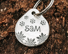 Load image into Gallery viewer, Christmas dog tag, tear drop pet id tag with snowflake design, up to 2 phone numbers

