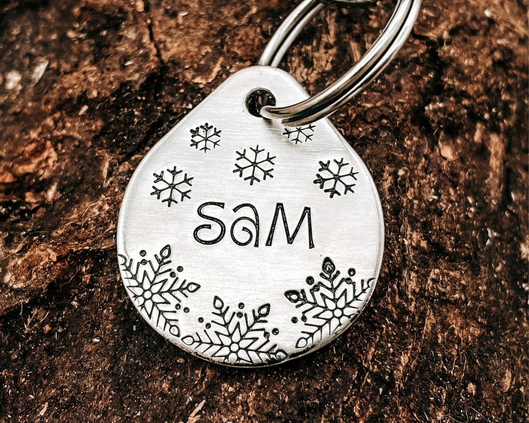 Christmas dog tag, tear drop pet id tag with snowflake design, up to 2 phone numbers