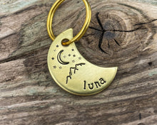 Load image into Gallery viewer, Moon cat tag, mini moon pet id tag with mountain and star design
