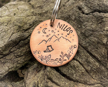 Load image into Gallery viewer, Mountain dog tag, hand-stamped with river, tent and stars
