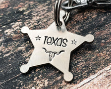 Load image into Gallery viewer, Sheriff Star dog tag, hand-stamped double-sided metal dog tag with longhorn

