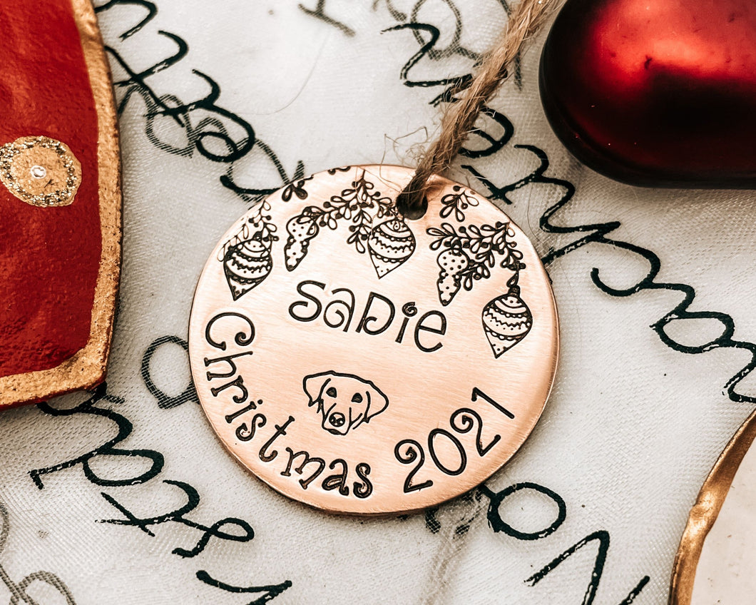 Dog Christmas ornament with name and year