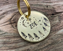 Load image into Gallery viewer, Tree dog tag, hand-stamped with moon and stars
