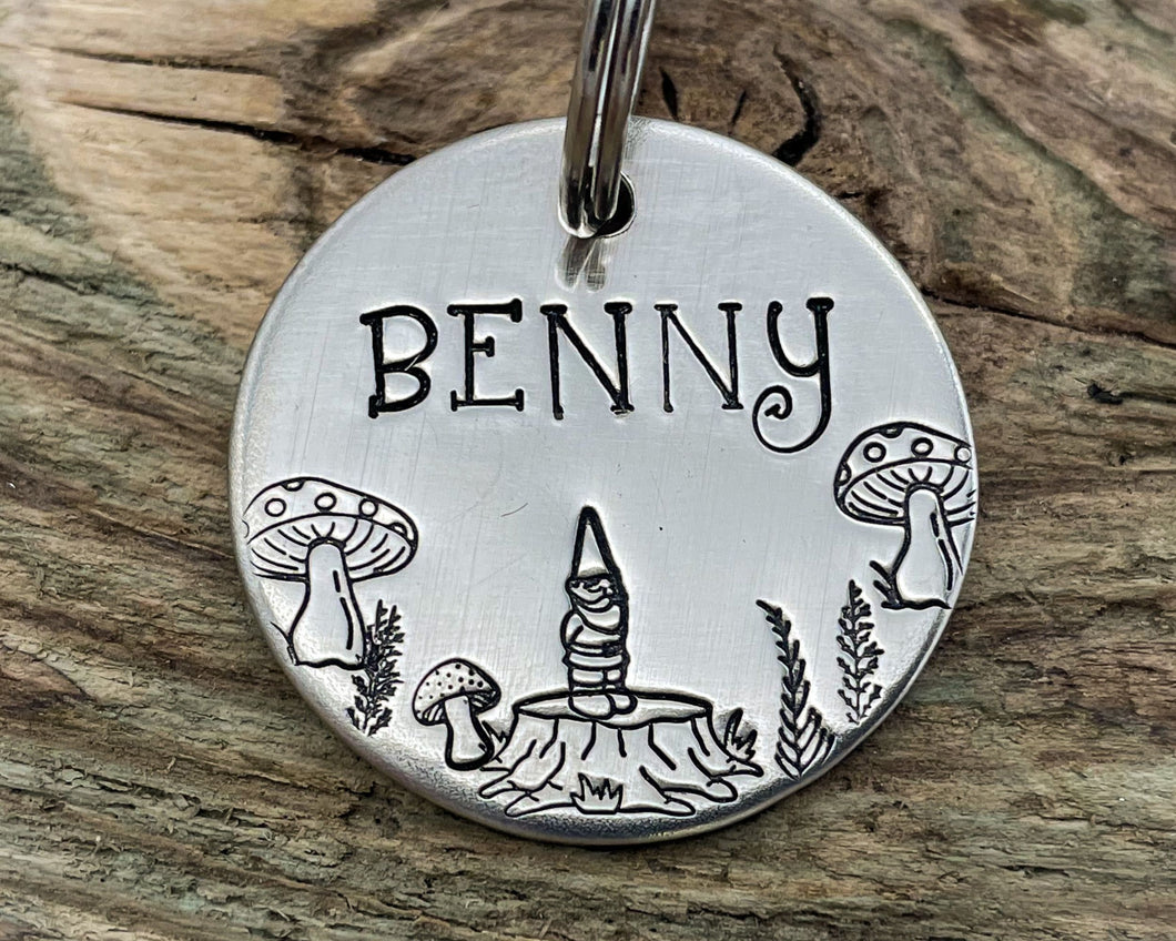 Cute dog id tag with mushrooms and cute gnome on a tree stump