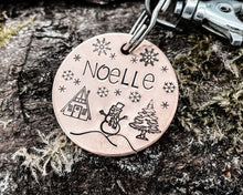 Load image into Gallery viewer, Christmas dog id tag, hand stamped with snowman and cabin
