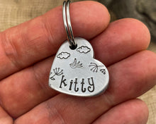 Load image into Gallery viewer, Small heart pet tag, Aluminum heart with bird and cloud design
