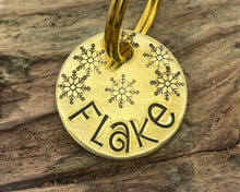 Load image into Gallery viewer, Christmas cat tag, hand stamped with snowflakes
