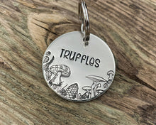 Load image into Gallery viewer, Fall dog tag, hand stamped with mushrooms, leaves and pine cone
