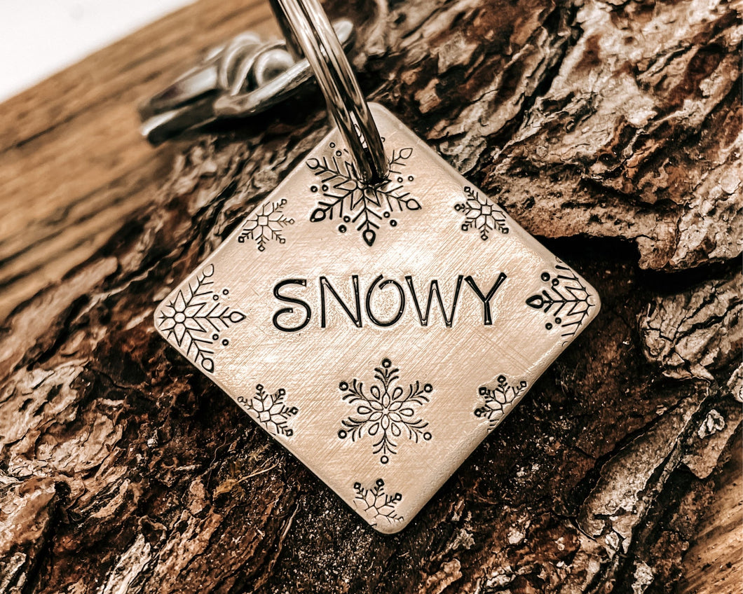 Christmas dog id tag, square pet tag hand stamped with snowflake design