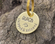 Load image into Gallery viewer, Microchipped dog tag, hand stamped with &#39;chipped &amp; snipped&#39;
