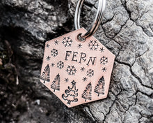 Load image into Gallery viewer, Hexagon dog tag, hand stamped with Christmas design &amp; snowflakes
