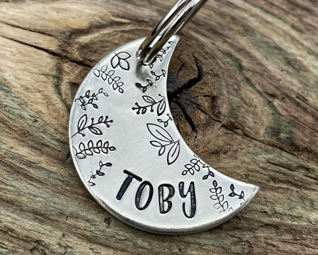 Moon dog tag, hand-stamped with leaf border