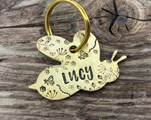 Load image into Gallery viewer, Bee dog id tag, bee shaped pet tag, hand stamped with flowers
