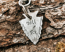 Load image into Gallery viewer, Christmas arrow head dog tag with reindeer and trees
