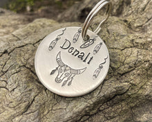Load image into Gallery viewer, Boho dog tag, hand stamped with longhorn and feathers
