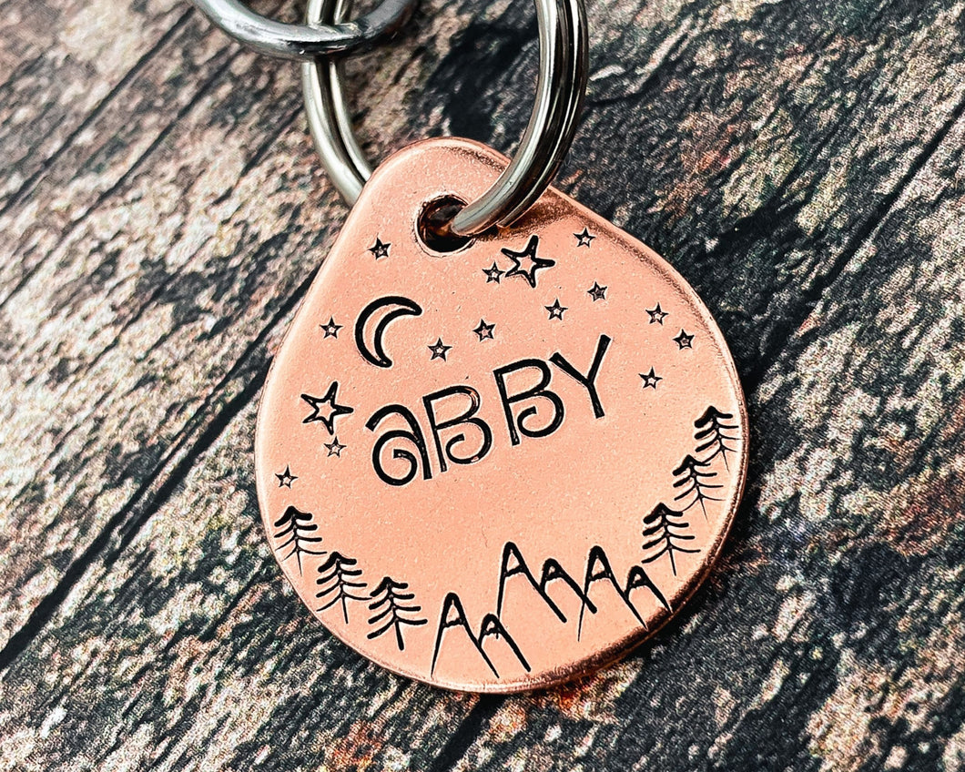 Small dog tag, tear drop pet id tag with mountain and tree design, 2 phone numbers