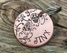 Load image into Gallery viewer, Sugar skull dog tag with leaf design
