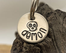 Load image into Gallery viewer, Skull cat name tag, hand stamped with skull
