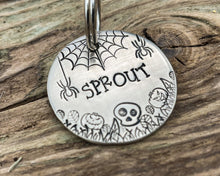Load image into Gallery viewer, Spooky dog tag with cobwebs, spiders and pumpkins
