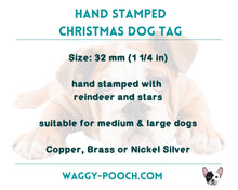 Load image into Gallery viewer, Winter dog id tag, hand stamped with reindeer and stars
